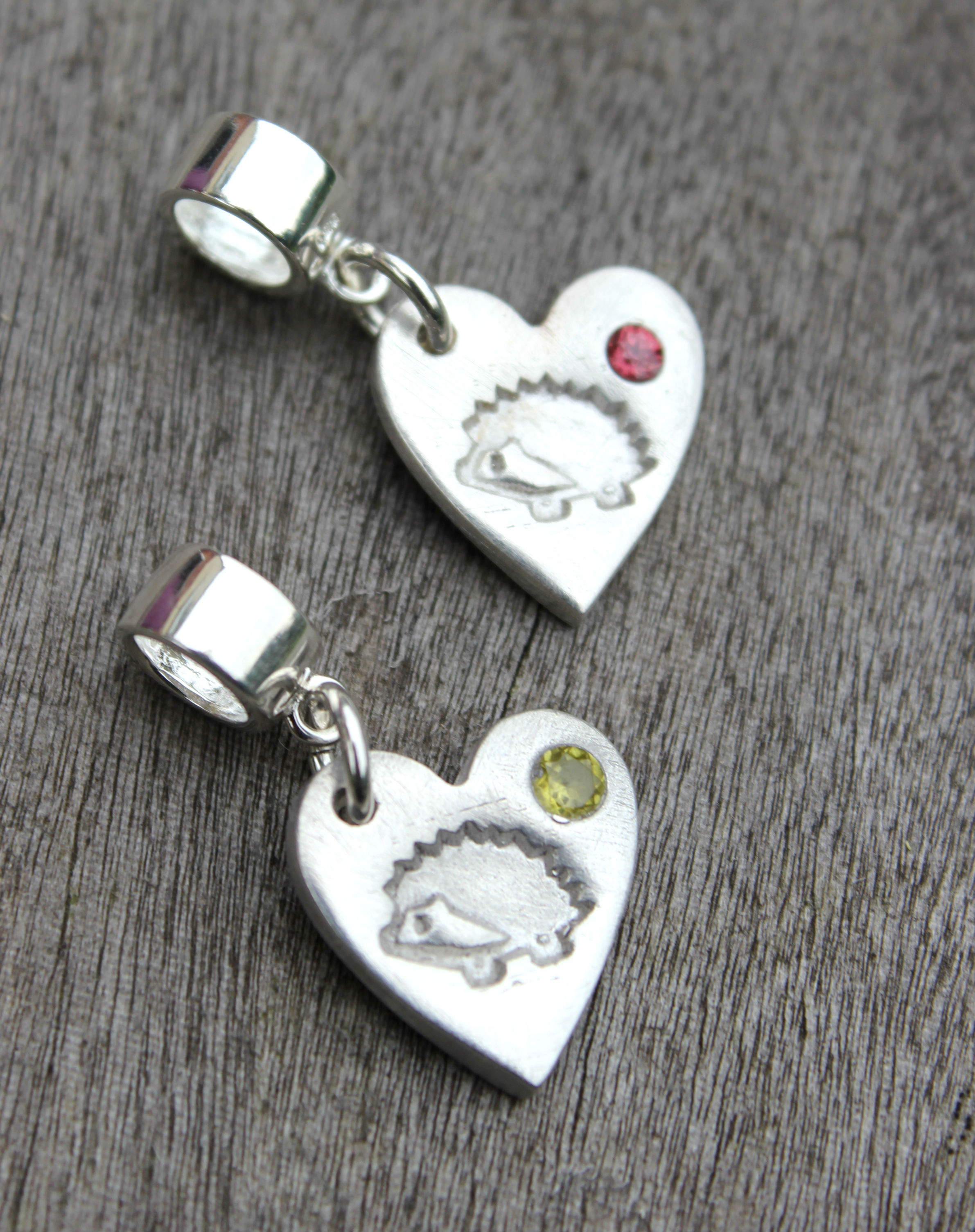 Birthstone hedgehog heart charms by little silver hedgehog.JPG