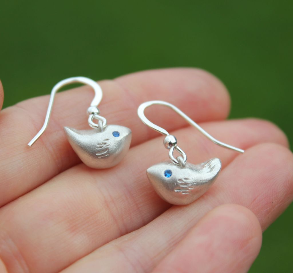 Silver wren earrings, silver bird earrings
