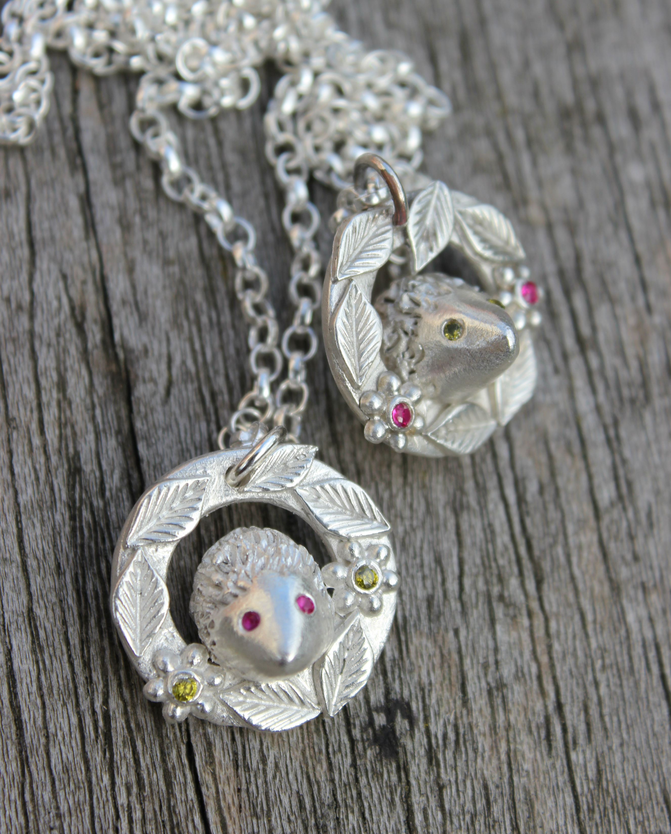 silver hedgehog pendants, hedgehog necklaces
