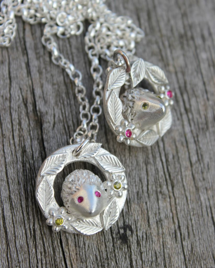 silver hedgehog pendants, hedgehog necklaces